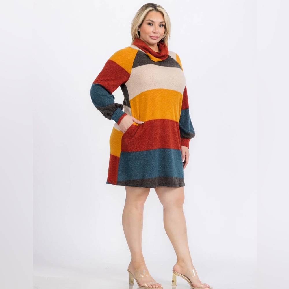 PLUS SIZE LONG SLEEVE TURTLE NECK FRONT POCKETS COLORBLOCK SWEATER MINI DRESS